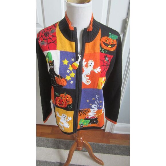 Tiara Womens Halloween Applique Beaded Sequin Zip Cardigan Sweater Sz M - Picture 1 of 6